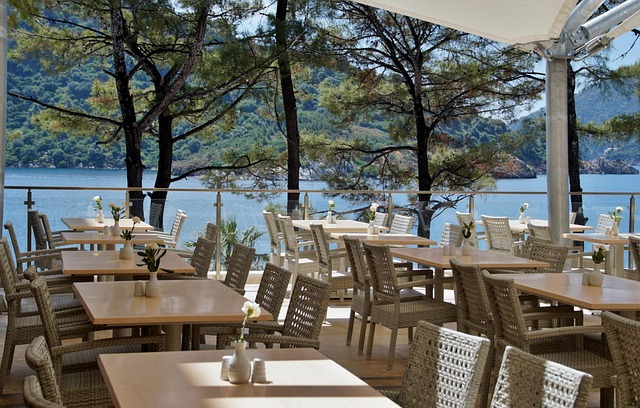 Outdoor lakeside cafe with beige tables and woven chairs, overlooking a blue lake and forested hills.